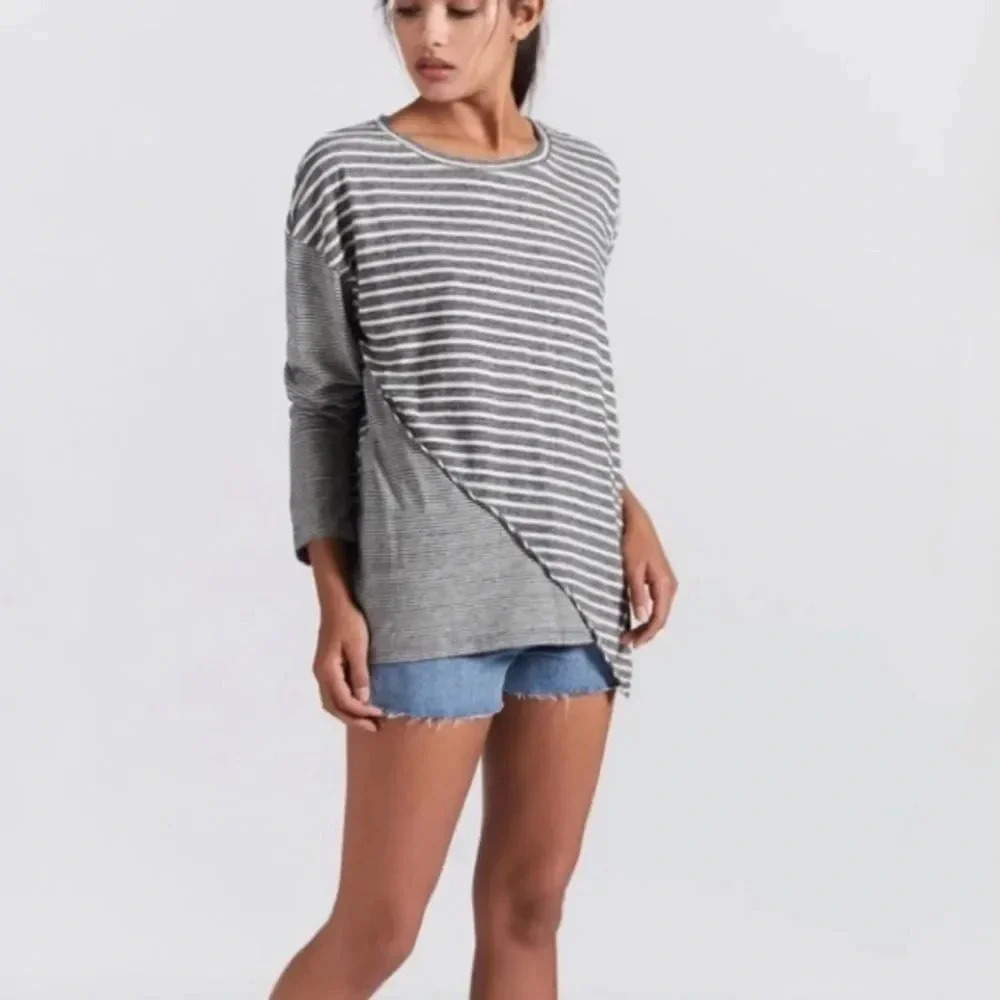 Current Elliott The Slice‎ Grey Stripe Oversized Long Sleeve Tee Size 0